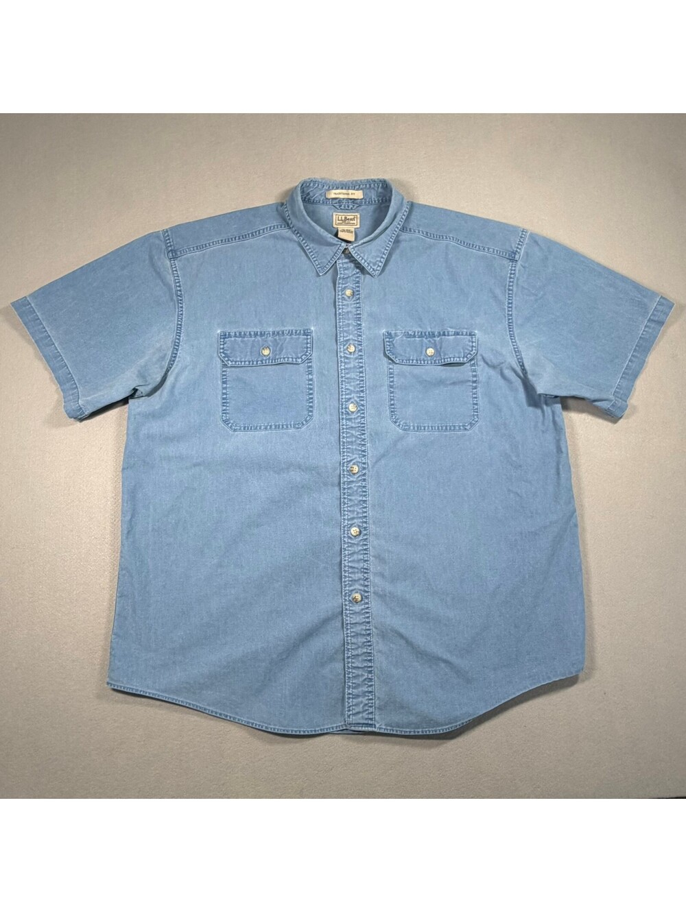 LL Bean Mens XL Chambray Denim Short Sleeve Shirt Traditional Fit Blue Cotton